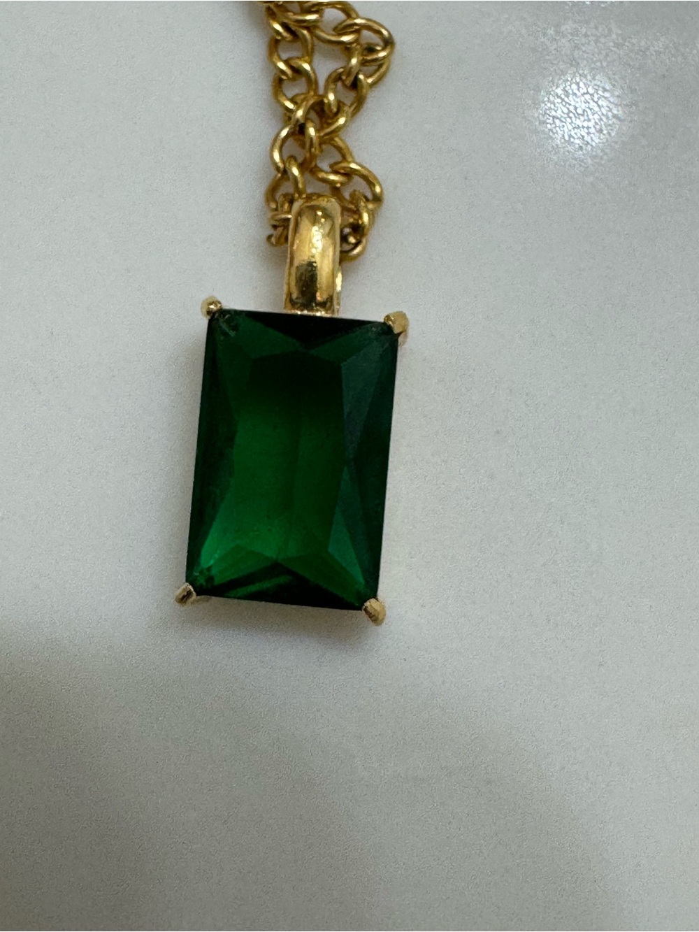 Gold Chain Pendant Necklace with Emerald Green Rectangular Stone